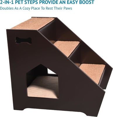 Wooden Pet Stairs w 3 Nonslip Steps and Built-in House Perfect for Dogs Cats Short Pets
