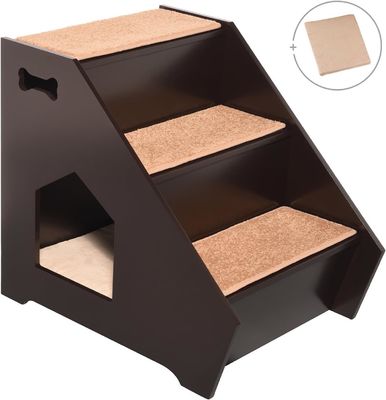 Wooden Pet Stairs w 3 Nonslip Steps and Built-in House Perfect for Dogs Cats Short Pets