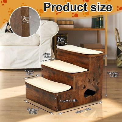 OEM 3 tiers Wooden Dog Stairs Steps Non Slip Puppy Stairs with Storage Washable Carpeted