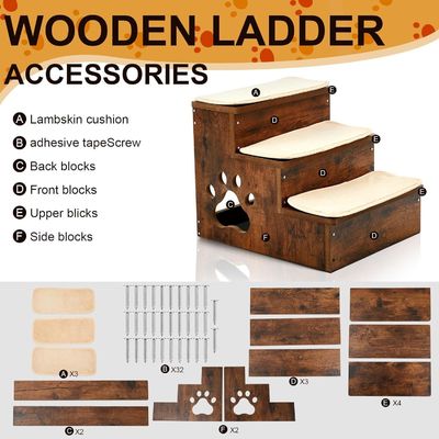 OEM 3 tiers Wooden Dog Stairs Steps Non Slip Puppy Stairs with Storage Washable Carpeted