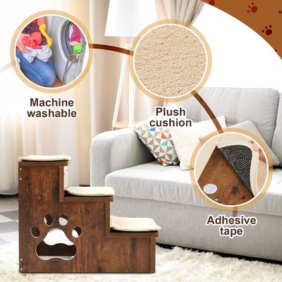 OEM 3 tiers Wooden Dog Stairs Steps Non Slip Puppy Stairs with Storage Washable Carpeted