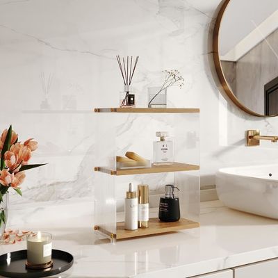 Metal and Wooden 3 Tier Standing Vanity Shelf Countertop Bathroom Storage for Bedroom