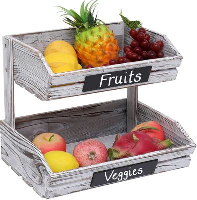 Farmhouse Standing Wooden Organizer 2 Tier Food Basket Holder for Kitchen Organization