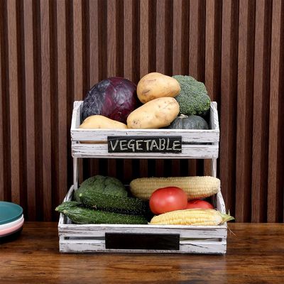 Farmhouse Standing Wooden Organizer 2 Tier Food Basket Holder for Kitchen Organization