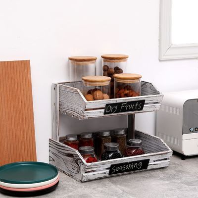 Farmhouse Standing Wooden Organizer 2 Tier Food Basket Holder for Kitchen Organization