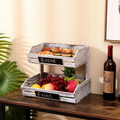 Farmhouse Standing Wooden Organizer 2 Tier Food Basket Holder for Kitchen Organization