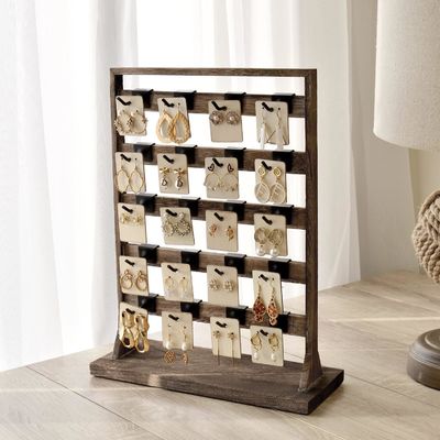 Home Theme Earring Card Display Holder Stand with Wooden Jewelry Display Rack and Hooks