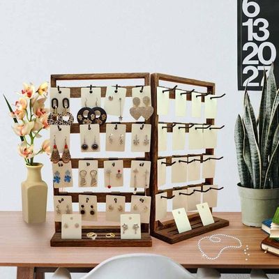Home Theme Wooden Foldable Jewelry Display Stand with Removable 32 Hooks and Ring Tray