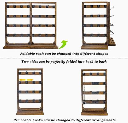 Home Theme Wooden Foldable Jewelry Display Stand with Removable 32 Hooks and Ring Tray