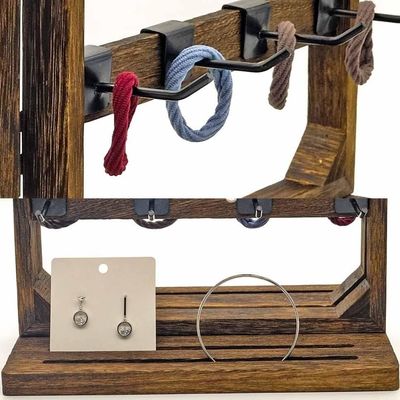 Home Theme Wooden Foldable Jewelry Display Stand with Removable 32 Hooks and Ring Tray
