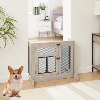 High Quantity Wooden Free Standing Dog Gate with Cat Door Mesh and Customized Logo