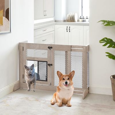 High Quantity Wooden Free Standing Dog Gate with Cat Door Mesh and Customized Logo