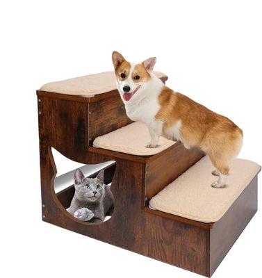3 Tiers Wooden Dog Stairs Solid Wood Pet Steps with Non-Slip Pads and Washable Carpet