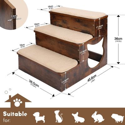 3 Tiers Wooden Dog Stairs Solid Wood Pet Steps with Non-Slip Pads and Washable Carpet