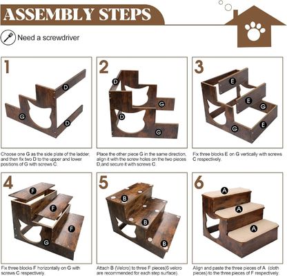 3 Tiers Wooden Dog Stairs Solid Wood Pet Steps with Non-Slip Pads and Washable Carpet