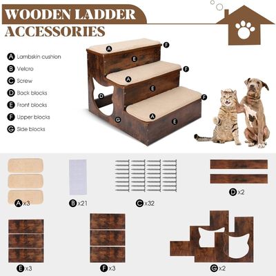 3 Tiers Wooden Dog Stairs Solid Wood Pet Steps with Non-Slip Pads and Washable Carpet