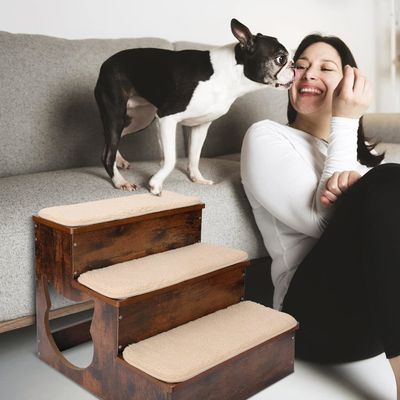 3 Tiers Wooden Dog Stairs Solid Wood Pet Steps with Non-Slip Pads and Washable Carpet