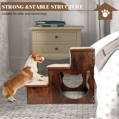 3 Tiers Wooden Dog Stairs Solid Wood Pet Steps with Non-Slip Pads and Washable Carpet