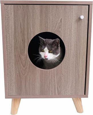 Concealed Cat Litter Box Nightstand Furniture with Custom Button Closure Wood Table