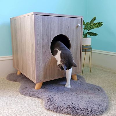 Concealed Cat Litter Box Nightstand Furniture with Custom Button Closure Wood Table