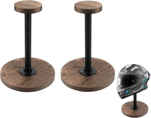 Tabletop Helmet Display Stand with Unfinished Birch Wood Color and Industrial Style