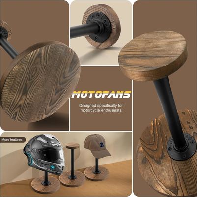 Tabletop Helmet Display Stand with Unfinished Birch Wood Color and Industrial Style