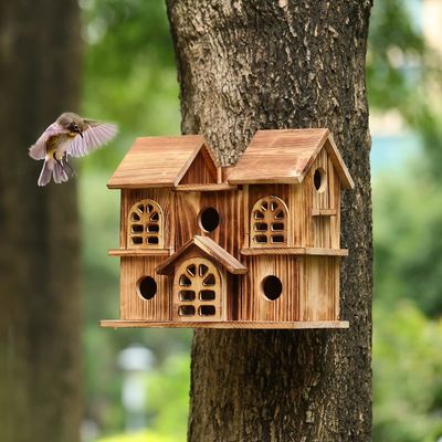Handmade Wooden Hanging Birdhouse Hamster Nest for Garden Backyard Printing burned