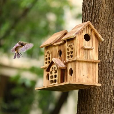 Handmade Wooden Hanging Birdhouse Hamster Nest for Garden Backyard Printing burned