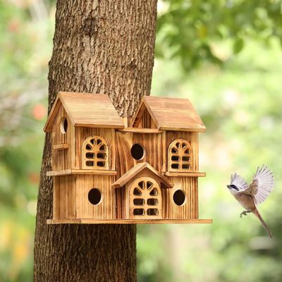 Handmade Wooden Hanging Birdhouse Hamster Nest for Garden Backyard Printing burned