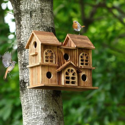 Handmade Wooden Hanging Birdhouse Hamster Nest for Garden Backyard Printing burned