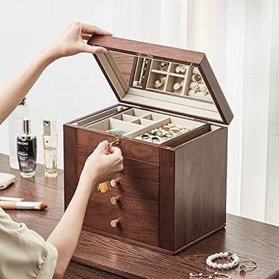 Traditional Wooden Jewelry Box with 5 Drawers and Two Side Doors in Polished Walnut