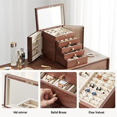 Traditional Wooden Jewelry Box with 5 Drawers and Two Side Doors in Polished Walnut