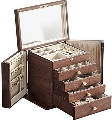 Traditional Wooden Jewelry Box with 5 Drawers and Two Side Doors in Polished Walnut