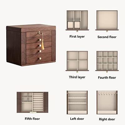 Traditional Wooden Jewelry Box with 5 Drawers and Two Side Doors in Polished Walnut