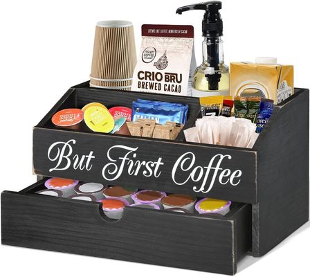 Wooden Countertop Coffee Bar Tea Bag Organizer with Drawer and Stocked Availability