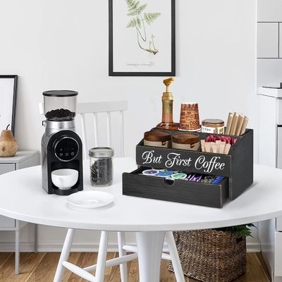 Wooden Countertop Coffee Bar Tea Bag Organizer with Drawer and Stocked Availability