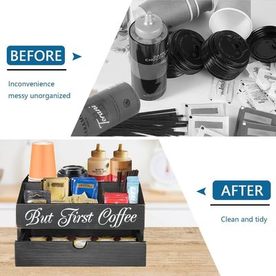 Wooden Countertop Coffee Bar Tea Bag Organizer with Drawer and Stocked Availability