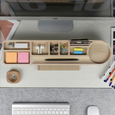 Office Desk Organizer with Pencil Case and Customized Logo Wood Caddy Phone Stand