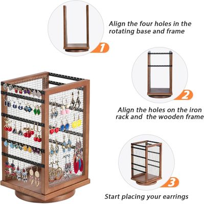 120 Pairs of Earrings Rotating Carousel Durable Metal and Wood Earring Tree Organizer