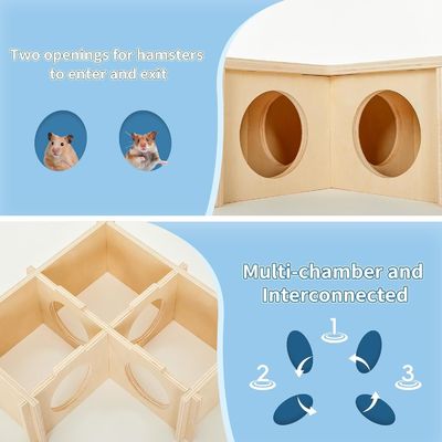Household Wooden Hamster House Multi-Chamber Hideout for Exploring Toys and More