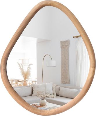Unique Varnished Wood Round Farmhouse Mirror for Modern Living Room and Bathroom