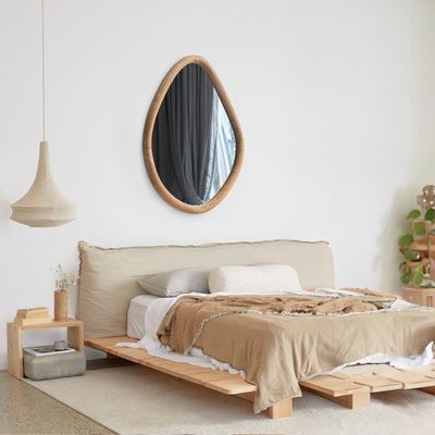 Unique Varnished Wood Round Farmhouse Mirror for Modern Living Room and Bathroom