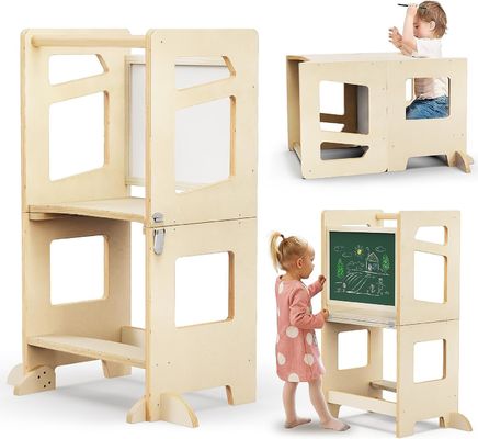 Wooden 3 Heights Adjustable Toddler Kitchen Stool Helper with Safety Rail Unisex