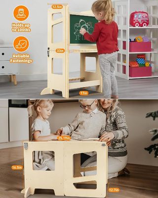 Wooden 3 Heights Adjustable Toddler Kitchen Stool Helper with Safety Rail Unisex