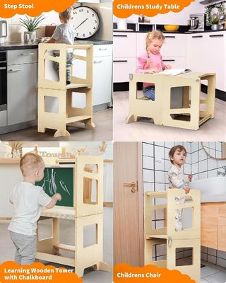 Wooden 3 Heights Adjustable Toddler Kitchen Stool Helper with Safety Rail Unisex