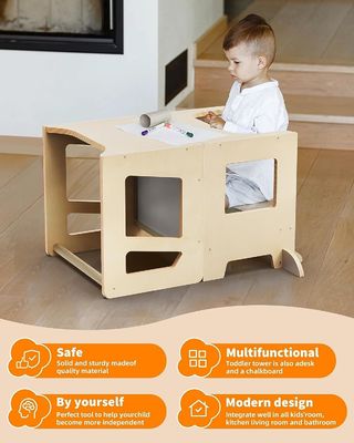 Wooden 3 Heights Adjustable Toddler Kitchen Stool Helper with Safety Rail Unisex