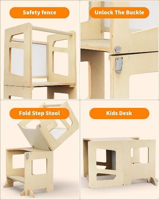 Wooden 3 Heights Adjustable Toddler Kitchen Stool Helper with Safety Rail Unisex