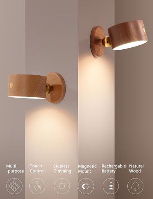 Wall Lamps LED 360 Rotation Dimming Rechargeable Cordless Battery Operated Wooden Sconce