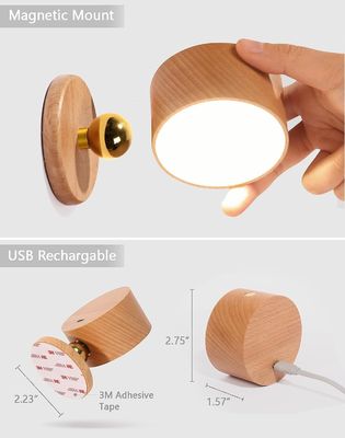 Wall Lamps LED 360 Rotation Dimming Rechargeable Cordless Battery Operated Wooden Sconce