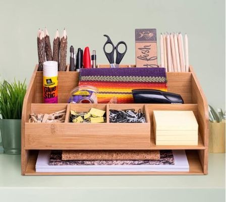 Organize Office Supplies with Bamboo Wood Desk Organizer and File Storage Customized Logo